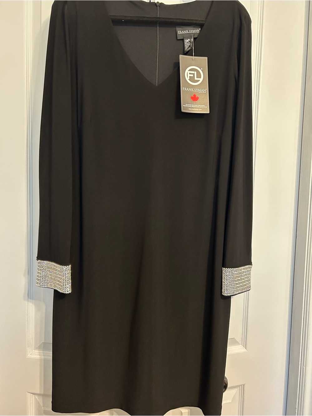 Frank Lyman Design Black V-Neck Long Sleeve Dress with Rhinestone Cuffs